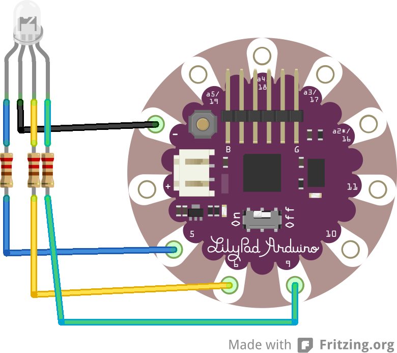 Circuit layout for an RGB through-hole LED with a common cathode