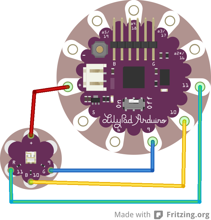 Circuit layout for LilyPad Tricolor LED; note that this module has a common anode