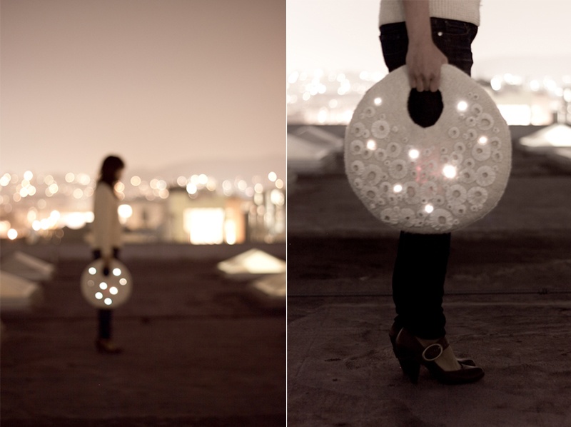 “The Sessile Handbag” by Grace Kim merges technology with natural forms: hand-felted “barnacles” are combined with embroidered LEDs (photographed by Jeannie Choe)