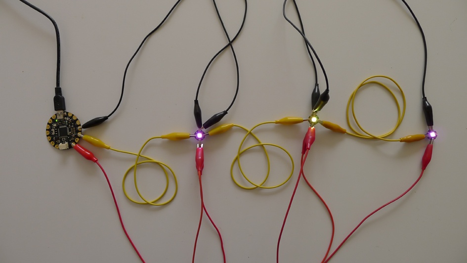 Flora NeoPixels connected with alligator clips