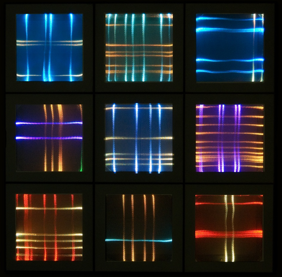 “50 Different Minds” by LigoranoReese is a handwoven, fiber-optic tapestry that changes colors and patterns in response to Internet activity; this sequence, “Comings and Goings,” interprets arrivals and departures from nine of the busiest airports in the U.S. Data sponsored by Flightstats Inc. (custom software by Luke Loeffler)