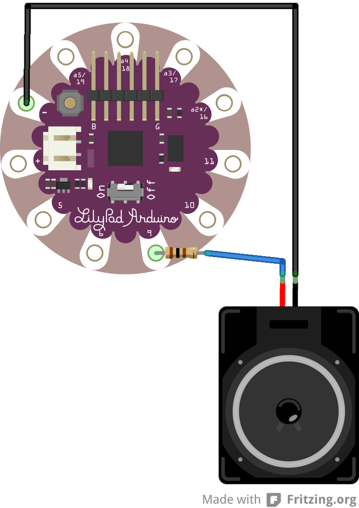 LilyPad Arduino Simple with speaker and 100Ω resistor circuit layout