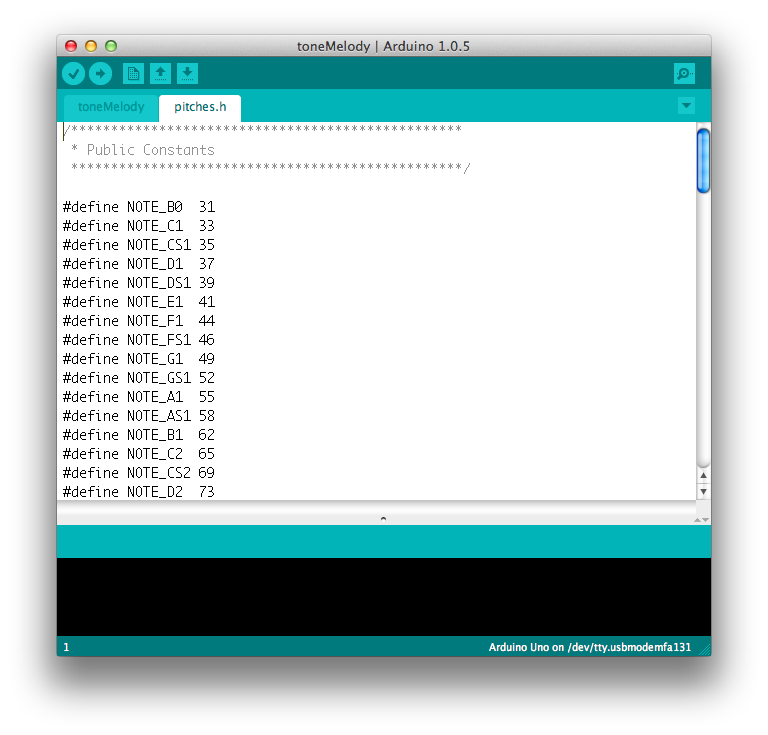 pitches.h tab in the Arduino melody example