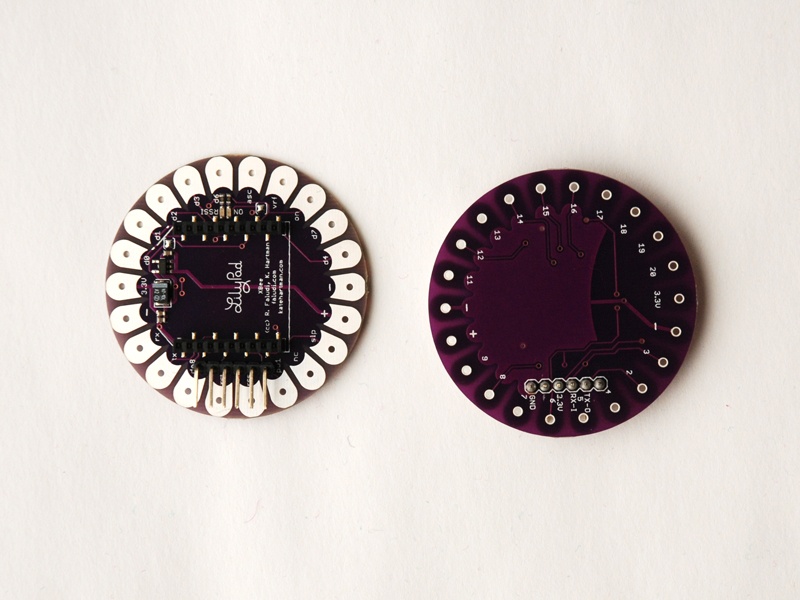 LilyPad XBee (front and back) with 6-pin right-angle male headers