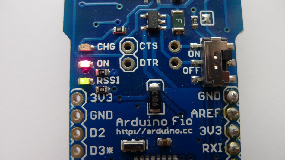 Arduino Fio with “ON” and “RSSI” LEDs lit