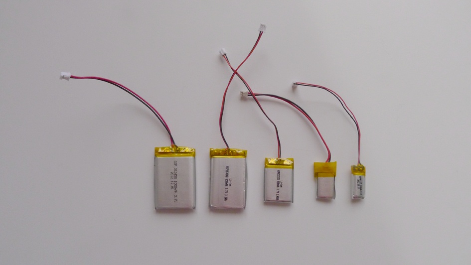 3.7V lithium-ion polymer rechargeable batteries with JST connectors; these batteries come in a variety of sizes and capacities