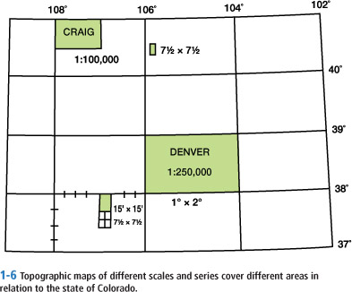 1-6 Topographic maps of different scales and series cover different areas in relation to the state of Colorado. DENVER CRAIG 108° 106° 104° 102° 40° 39° 38° 37° 1° × 2°