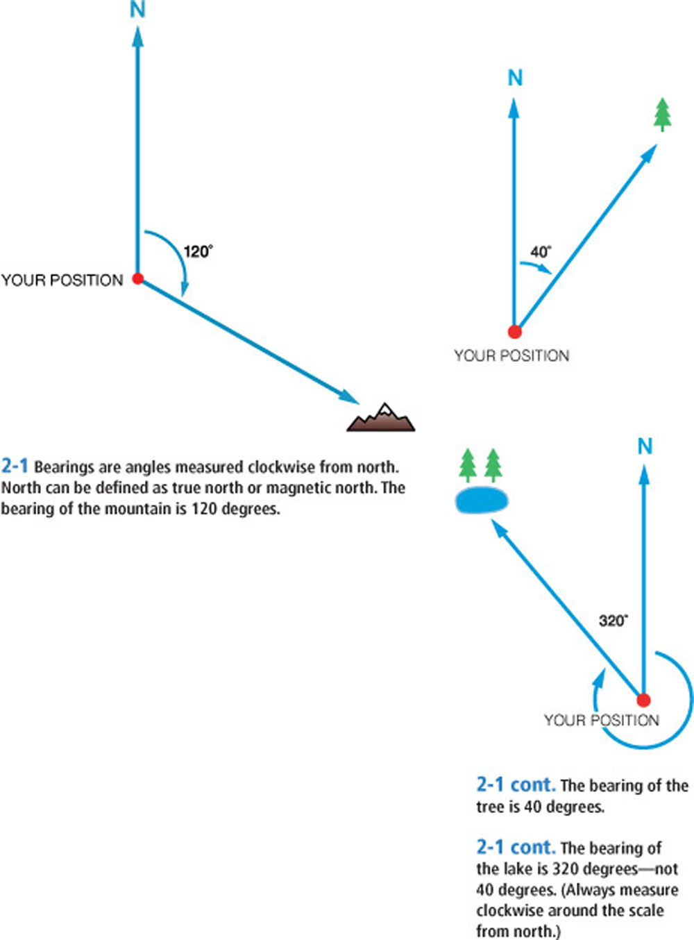 2-1 Bearings are angles measured clockwise from north. North can be defined as true north or magnetic north. The bearing of the mountain is 120 degrees. The bearing of the tree is 40 degrees. he bearing of the lake is 320 degrees—not 40 degrees. (Always measure clockwise around the scale from north.) YOUR POSITION 120° 40° 320°