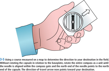 3-5 Using a course measured on a map to determine the direction to your destination in the field. Without rotating the capsule in relation to the baseplate, rotate the entire compass as a unit until the needle is aligned within the compass gate and the north end of the needle points to the north end of the capsule. The direction-of-travel arrow now points toward your destination.