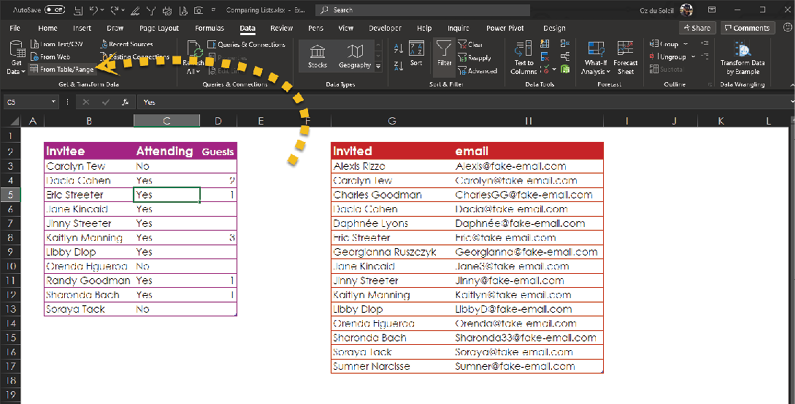 With a cell in the left table selected, choose Data, Get & Transform Data, From Table/Range.