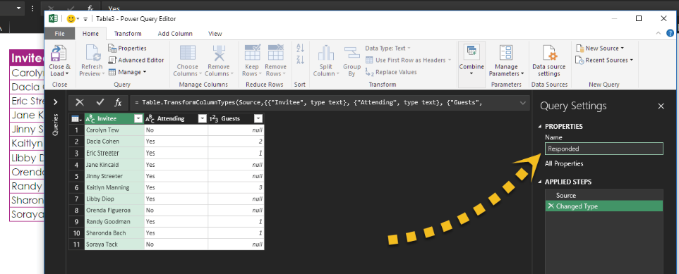 The Power Query editor is a second window within the Excel Application. A data preview is shown. On the right side of the editor, use the Name field in the Properties window and type Responded.