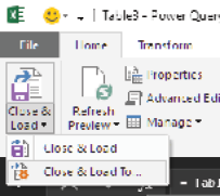 The Power Query editor has its own Ribbon. On the Home tab, the left-most icon is Close & Load. Open the Close & Load drop-down menu beneath the Close & Load icon. There are two similar choices: "Close and Load" then "Close and Load To...". Choose the second choice: Close & Load To.