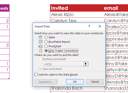 The Import Data dialog asks how you want to view this data in your workbook. Choices are Table, Pivot Table, Pivot Chart, or Only Create Connection. Choose Only Create Connection.