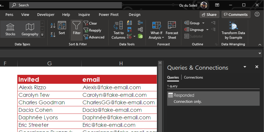 Back in Excel, a new Queries & Connections panel appears on the right side of the screen. One query is listed. The panel shows the query name: Responded and is a Connection Only.