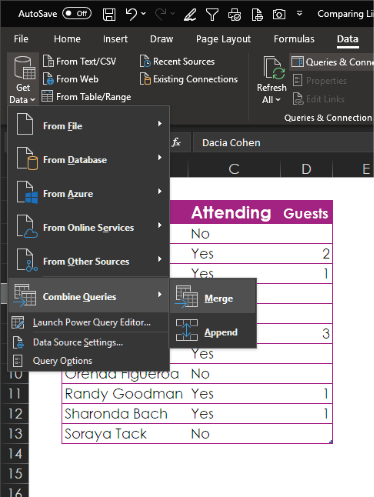 Choose Data, Get Data, Combine Queries, Merge from the Excel Ribbon.