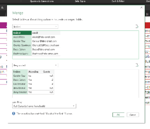 The Merge dialog in Power Query is subtle. The top shows the Invited table. You have to click on the name column. The bottom shows the Responded table. Also click on the Name column. At the very bottom, in the Join Kind drop-down menu, choose Full Outer Join.