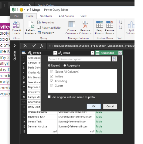 In the Power Query editor, you see all of the columns from the left table but only a single column for the right table. This column seems useless, with each row saying "Table". In the heading for this column, an Expand icon appears. Click the icon for a list of fields in the second table. Leave all fields selected, but uncheck Use Original Column Name As Prefix.