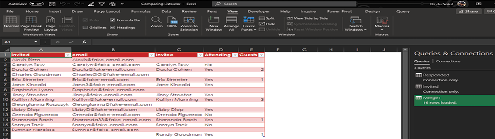 The results of the Merge query in a new Excel worksheet. On the right side of the screen, three query names show up in the Queries & Connections pane, with the new query being the actual merge.