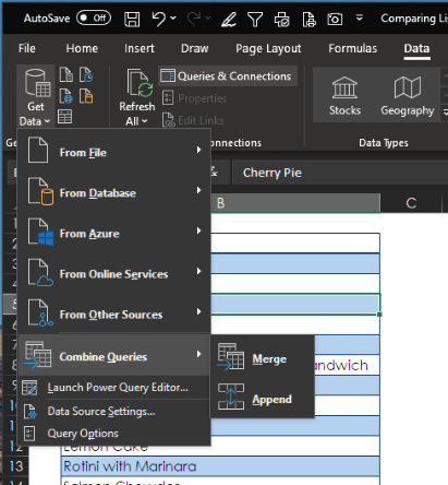 Choose Data, Get Data, Combine Queries, Merge.