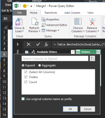 When you use the Expand Column, both fields are already selected: Orders and Count. However, you should unselect the option for "Use Original Column Name as Prefix".