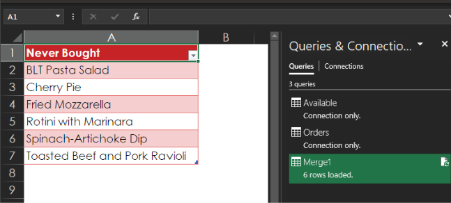 After choosing Close & Load, the Results appear in Excel. A third query is in the Queries & Connections pane.