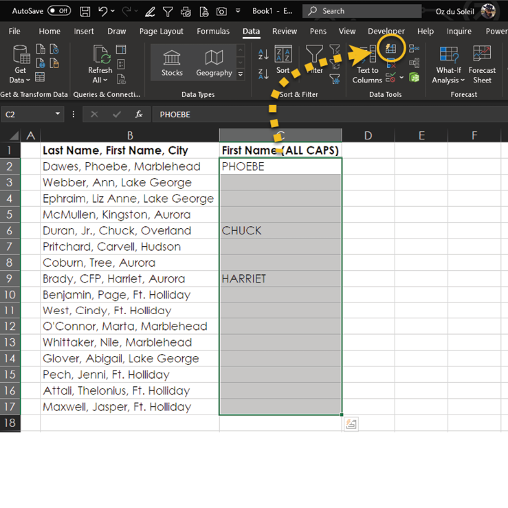 With three examples typed, select C2:C17 and press Ctrl+E to invoke Flash Fill