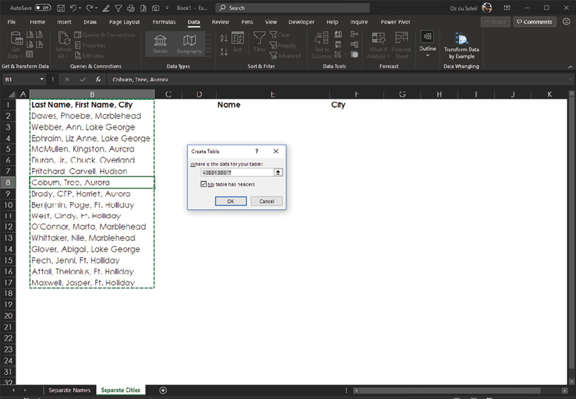 Although the original data was not formatted as a table, choose From Table/Range. Excel asks if the Table has headers, just as if you had pressed Ctrl+T.