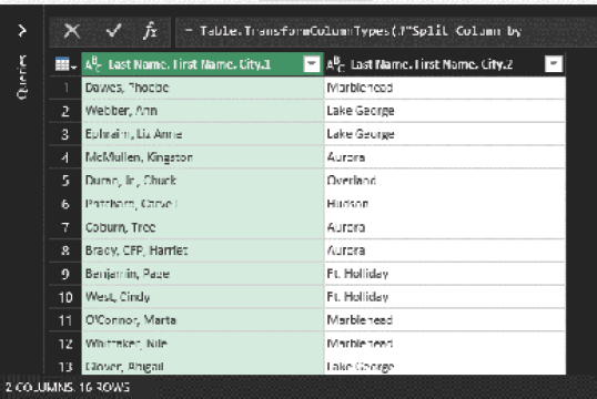 Still in the Power Query editor, the first column has names and the second column has Cities. The headings are silly: Last Name, First Name, City.1 and Last Name, First Name, City.2.