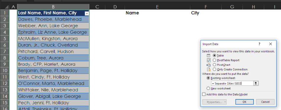 Instead of Close and Load, choose Close and Load To. In the Insert Data dialog, you can specify that the results should be returned to a specific cell on the current worksheet.