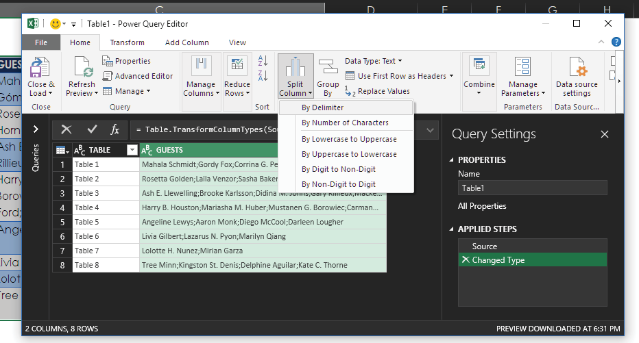 In Power Query, select column C with Guests. Choose Split Column, By Delimiter.