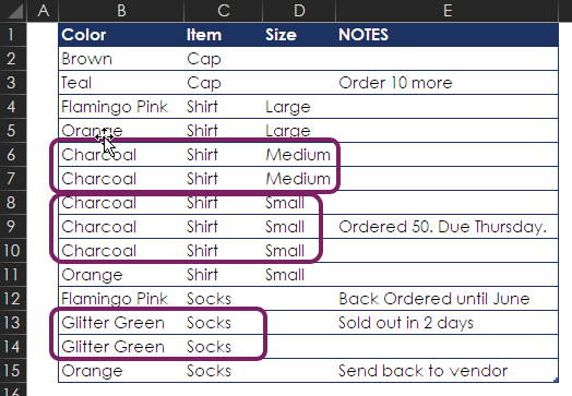 The four columns are Color, Item, Size, and Notes. Two records say Charcoal, Shirt, Medium and are obviously duplicates. But for Charcoal, Shirt, Small, one of the three records has a note in column F that 50 were ordered. Since this note is on the second duplicate, it will be lost using Excel's Remove Duplicates column.