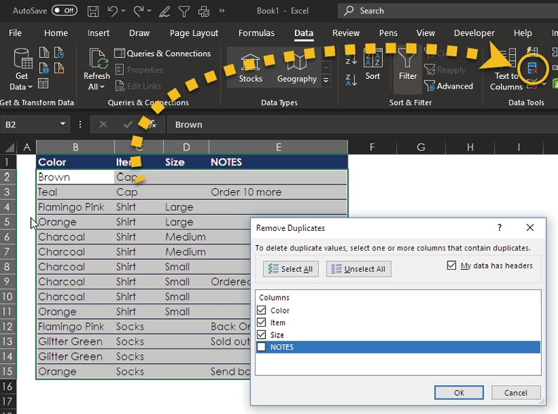 Select Data, Remove Duplicates. In the Remove Duplicates dialog, unselect the Notes columns