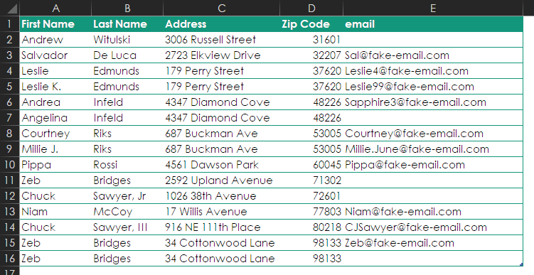 Five columns of data: First name, Last name, Address, Zip Code, and e-mail.