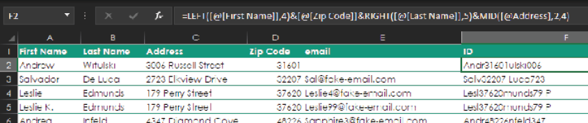 A formula in column F creates a key field with bits of each of the other four columns.