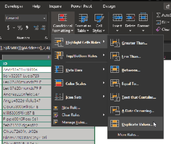 Select the values in the Key Field and choose Duplicate Values from the Conditional Formatting choices.