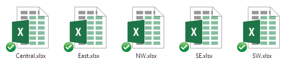 Five Excel Workbook icons represent five workbooks in a folder. 