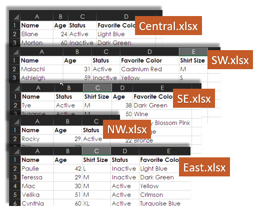 This shows the first few records of all five files. While all start with Name, some worbkooks are missing columns.