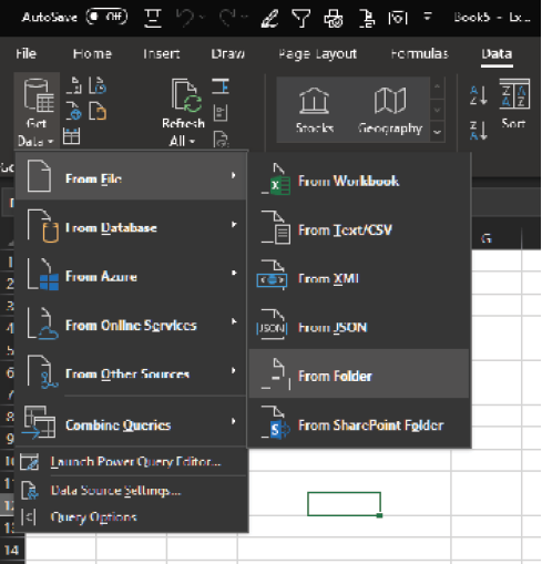 In Excel, select Data, Get Data, From File, From Folder.