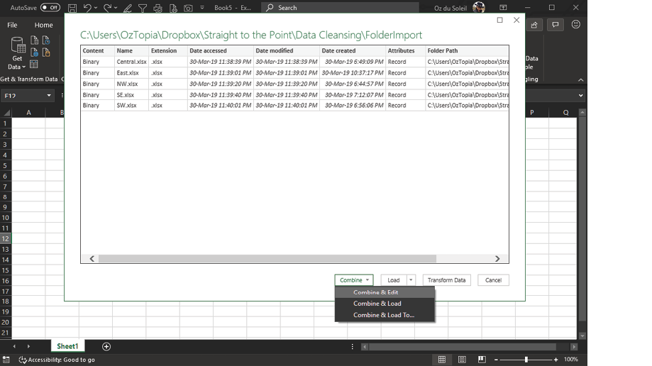 Power Query shows you a list of five workbooks. In the buttons at the bottom, choose Combine, then Combine and Edit.