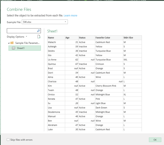 Select which workbook should be used as the sample of what columns to expect.