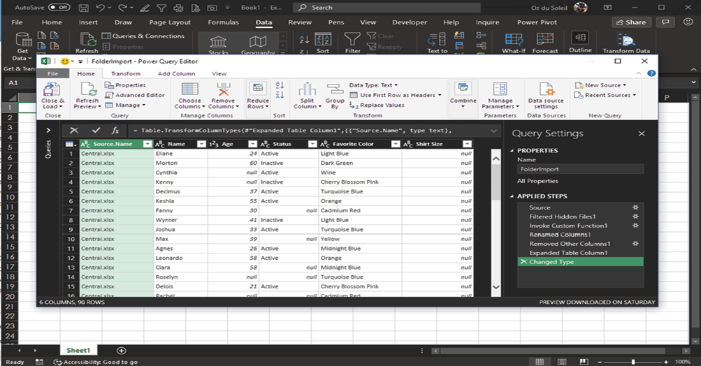 The results in the Power Query editor show all of the rows from all five workbooks. A new first column identifies from which file each record came from.