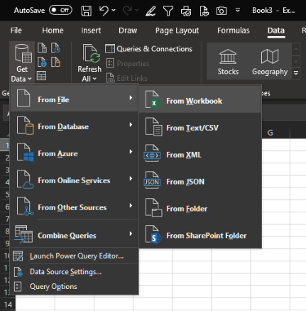 Get Data, From File, From Workbook.