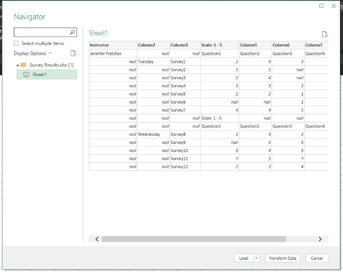 The poorly formatted Original Report shows in the preview of the Navigator dialog. Choose to import the entire sheet.