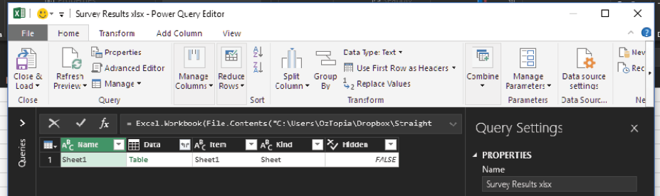 The initial result in Power Query looks unusual. It is one row. The Name is Sheet1. The Data column says Table. The Item and Kind columns both say Sheet1 or Sheet. The Hidden column is False.