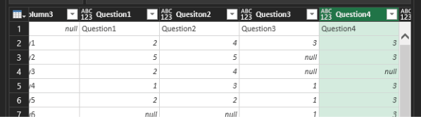 Rename the columns to be Question 1 through Question 4.