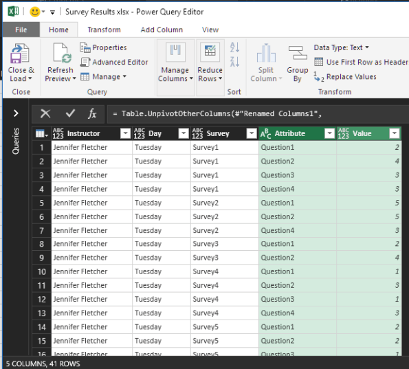 The four pivoted columns now appear down a column called Attribute. The answer for each question appears in a new column called Value.