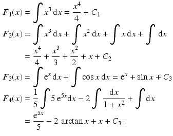 $$\begin{aligned}\displaystyle F_{1}(x)&\displaystyle=\int x^{3}\,\mathrm{d}x=\frac{x^{4}}{4}+C_{1}\\ \displaystyle F_{2}(x)&\displaystyle=\int x^{3}\,\mathrm{d}x+\int x^{2}\,\mathrm{d}x+\int x\,\mathrm{d}x+\int\,\mathrm{d}x\\ \displaystyle&\displaystyle=\frac{x^{4}}{4}+\frac{x^{3}}{3}+\frac{x^{2}}{2}+x+C_{2}\\ \displaystyle F_{3}(x)&\displaystyle=\int\mathrm{e}^{x}\,\mathrm{d}x+\int\cos x\,\mathrm{d}x=\mathrm{e}^{x}+\sin x+C_{3}\\ \displaystyle F_{4}(x)&\displaystyle=\frac{1}{5}\int 5\,\mathrm{e}^{5x}\mathrm{d}x-2\int\frac{\mathrm{d}x}{1+x^{2}}+\int\mathrm{d}x\\ \displaystyle&\displaystyle=\frac{\mathrm{e}^{5x}}{5}-2\,\arctan x+x+C_{3}\,.\end{aligned}$$