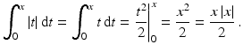 $$\displaystyle\int_{0}^{x}|t|\,\mathrm{d}t=\int_{0}^{x}t\,\mathrm{d}t=\left.\frac{t^{2}}{2}\right|_{0}^{x}=\frac{x^{2}}{2}=\frac{x\,|x|}{2}\,.$$