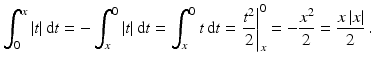 $$\displaystyle\int_{0}^{x}|t|\,\mathrm{d}t=-\int_{x}^{0}|t|\,\mathrm{d}t=\int_{x}^{0}t\,\mathrm{d}t=\left.\frac{t^{2}}{2}\right|_{x}^{0}=-\frac{x^{2}}{2}=\frac{x\,|x|}{2}\,.$$