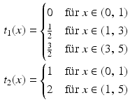 $$\begin{aligned}\displaystyle t_{1}(x)&\displaystyle=\begin{cases}0&\text{f{\"u}r }x\in(0,\,1)\\ \frac{1}{2}&\text{f{\"u}r }x\in(1,\,3)\\ \frac{3}{2}&\text{f{\"u}r }x\in(3,\,5)\end{cases}\\ \displaystyle t_{2}(x)&\displaystyle=\begin{cases}1&\text{f{\"u}r }x\in(0,\,1)\\ 2&\text{f{\"u}r }x\in(1,\,5)\end{cases}\end{aligned}$$